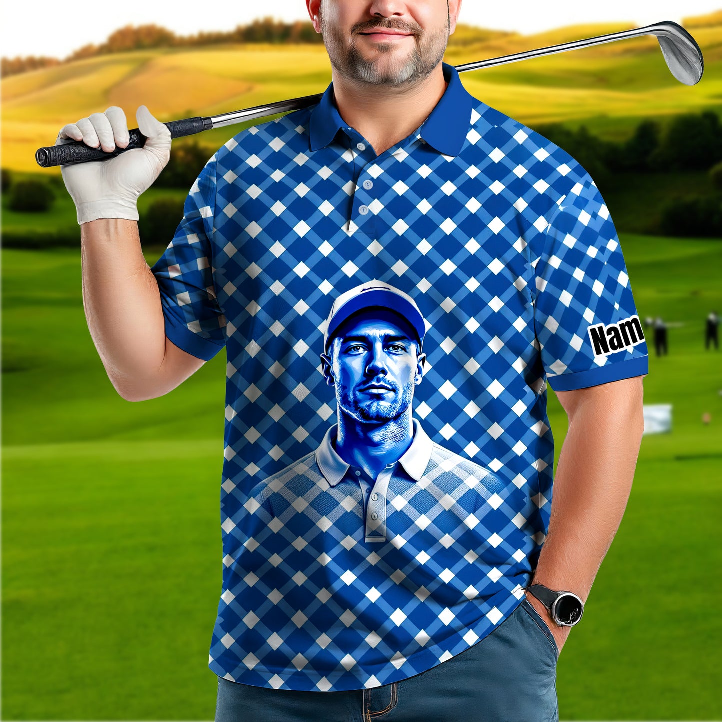 Custom Face Polo Shirt – Geometric Diamond Pattern | Personalized Photo Golf Polo | Unique Gift for Him, Retro Geometric Style Shirt Style 14