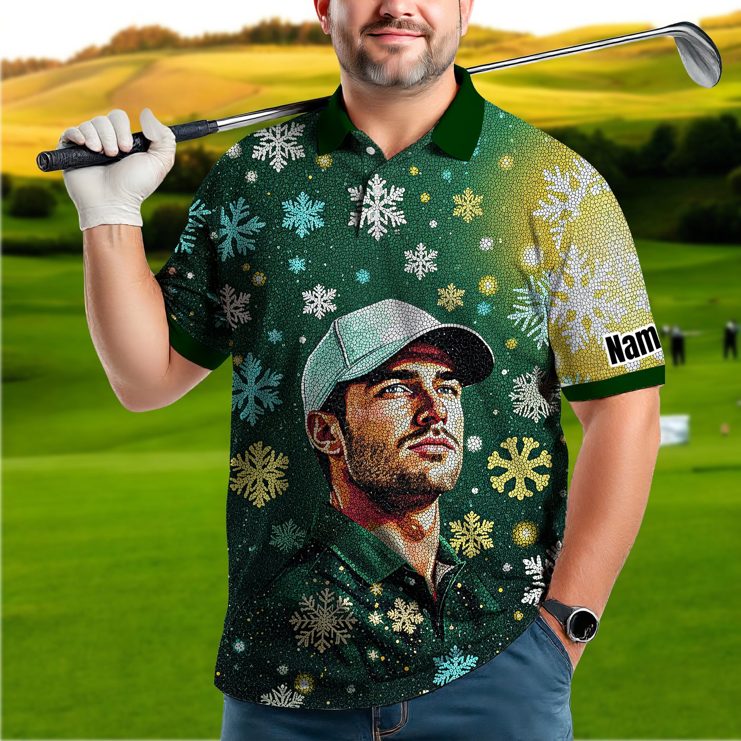 Custom Face Golf Polo Shirt – Personalized Christmas Golf Shirt for Him, Unique Holiday Gift for Golfer, Snowflake Design Golf Apparel Style 18