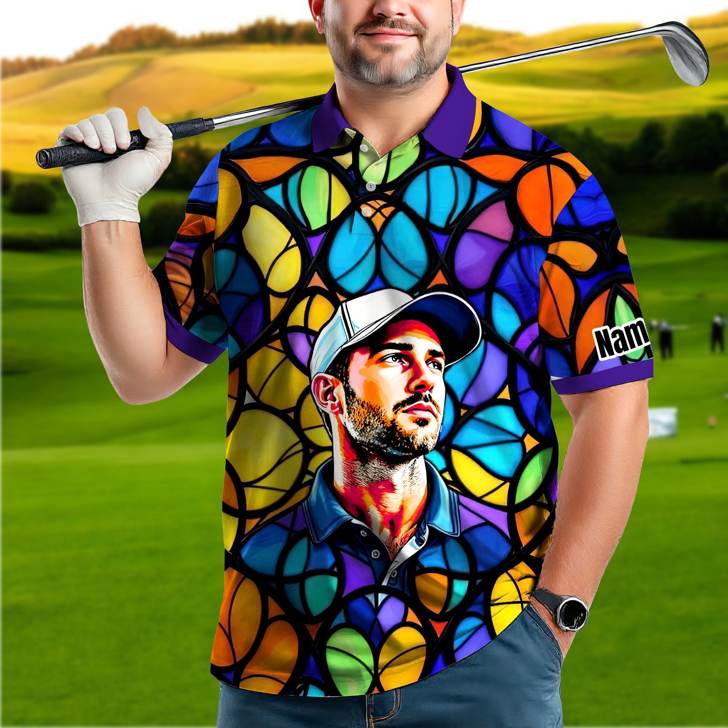 Custom Face Golf Polo Shirt – Personalized Stained Glass Art Shirt, Unique Golf Gift for Him, Colorful Abstract Golf Polo, Custom Sportswear
