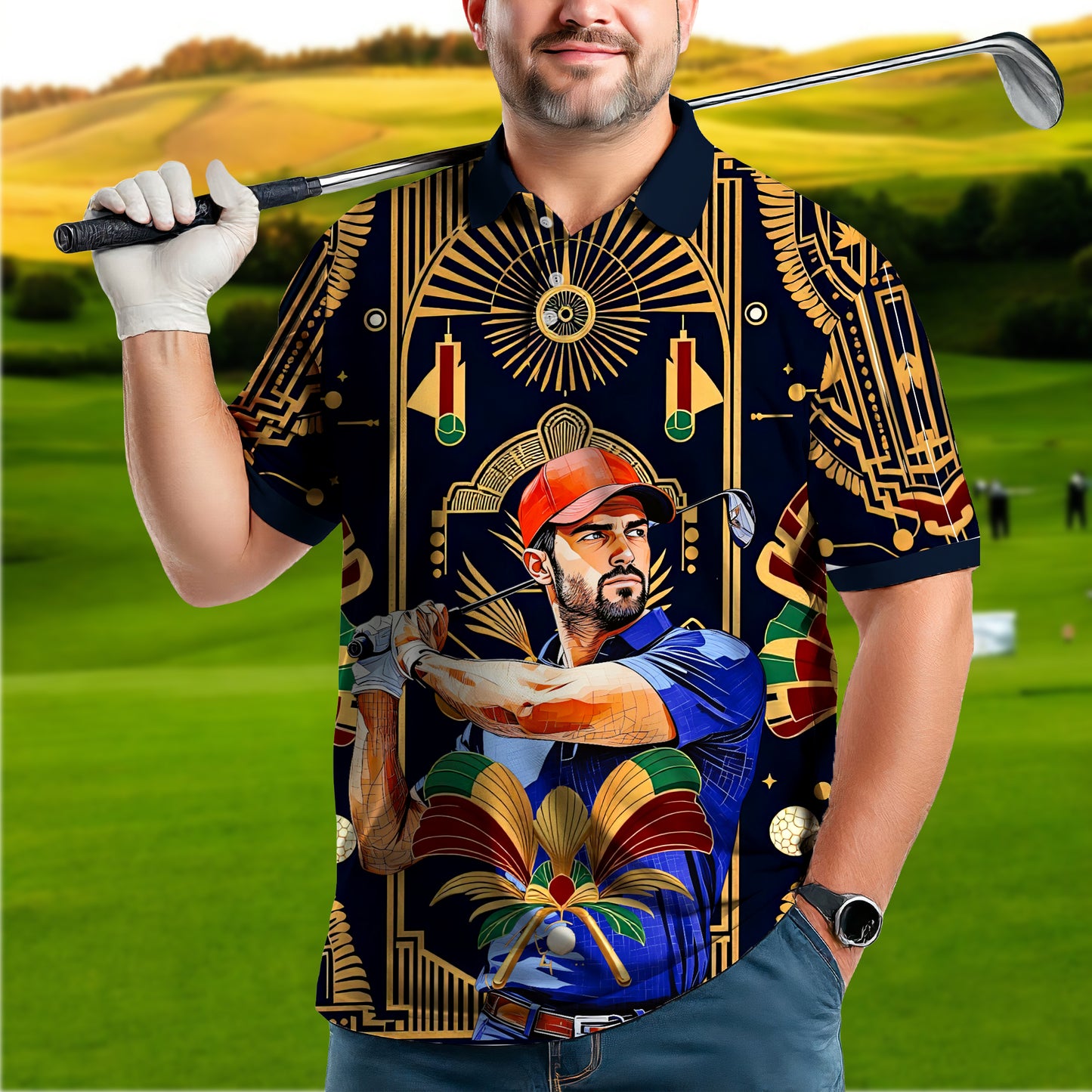 Custom Face Golf Polo Shirt – Swing in Gold Art Deco Revival Style | Personalized Golf Shirt for Men Style 10