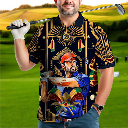 Custom Face Golf Polo Shirt – Swing in Gold Art Deco Revival Style | Personalized Golf Shirt for Men Style 10