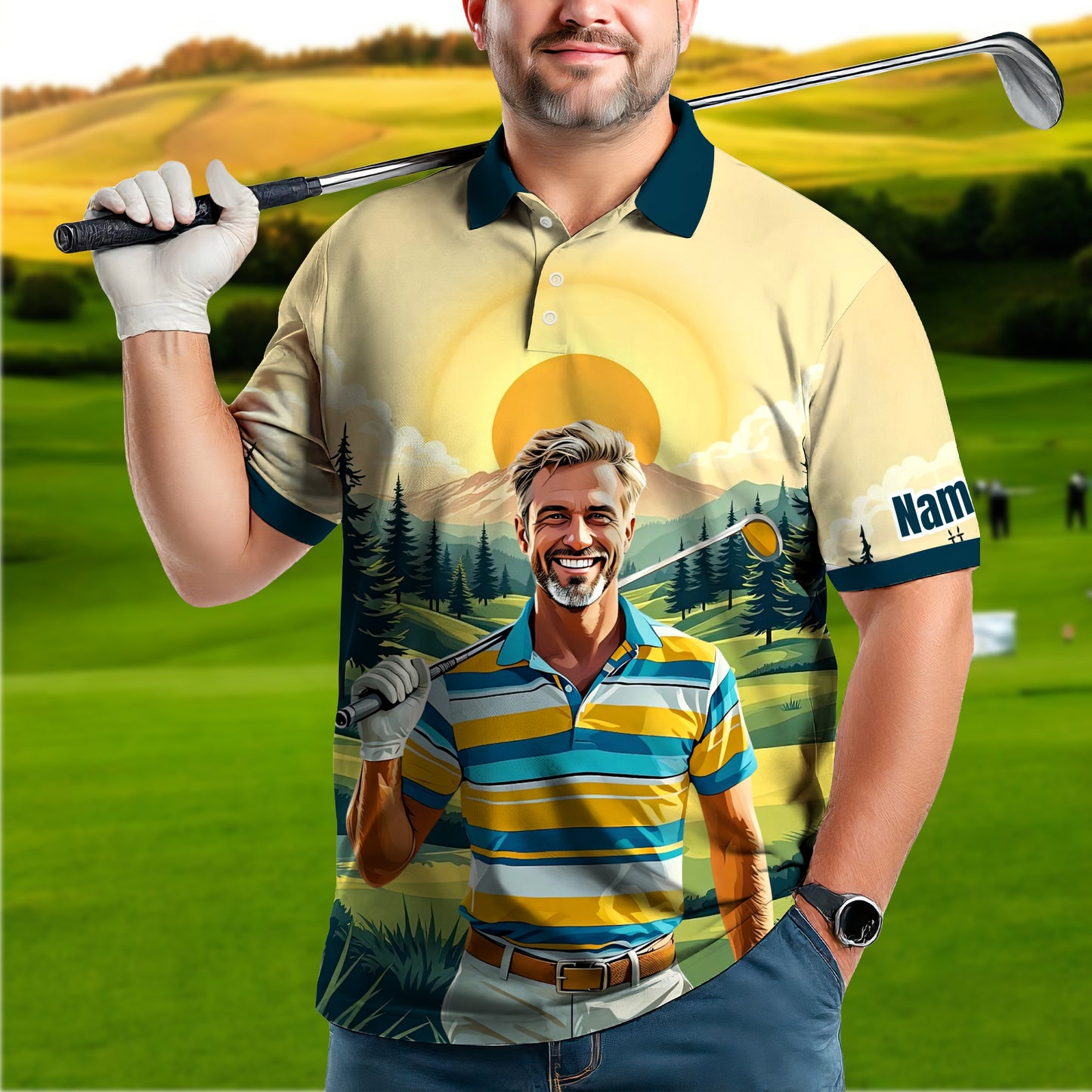 Custom Vintage Americana Golf Polo with Your Face - Retro Personalized Gift for Men Style 12