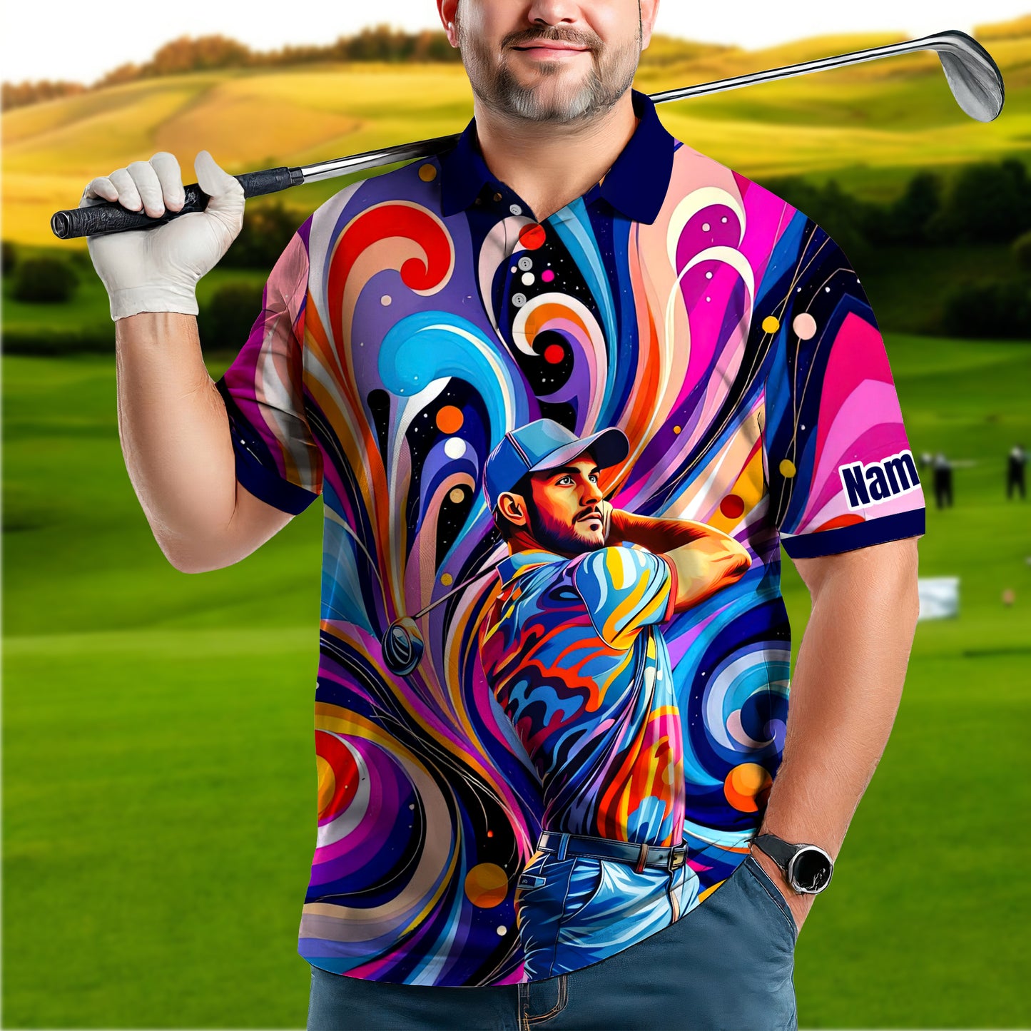 HomyGifts Men's Customized Face Artistic Golf Polo Shirt, Mosaic Art Style, Unique Personalized Golf Polo For Men Style 14