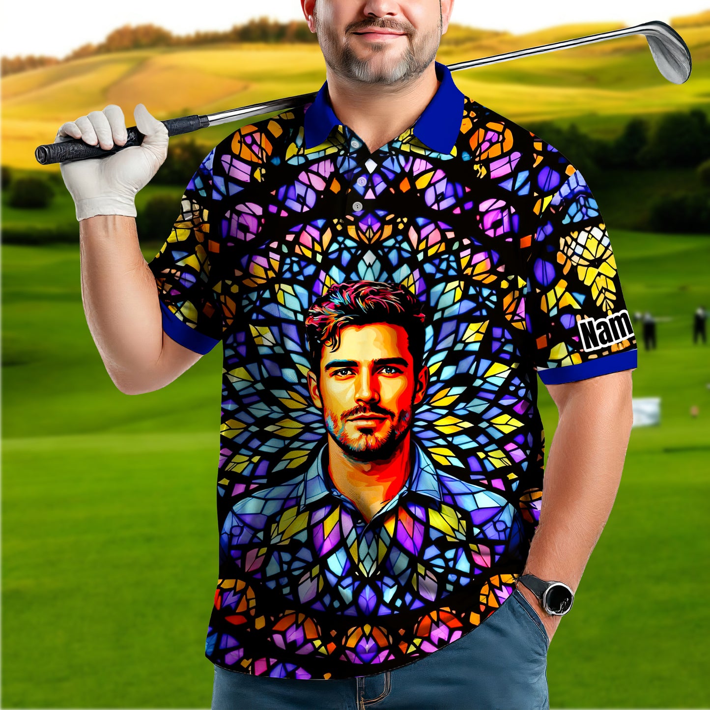 Custom Face Golf Polo Shirt – Personalized Stained Glass Mandala Style Polo, Unique Gift for Men & Women, Vibrant Artistic Golf Shirt, Custom Photo Polo
