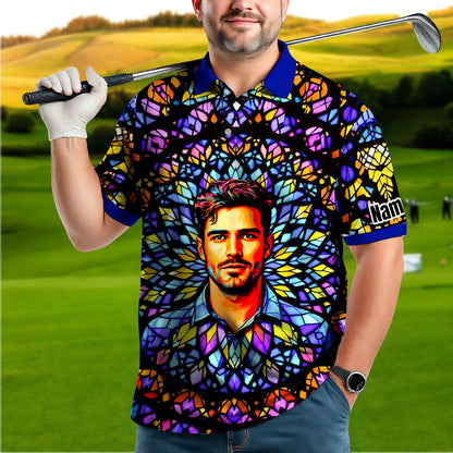 Custom Face Golf Polo Shirt – Personalized Stained Glass Mandala Style Polo, Unique Gift for Men & Women, Vibrant Artistic Golf Shirt, Custom Photo Polo