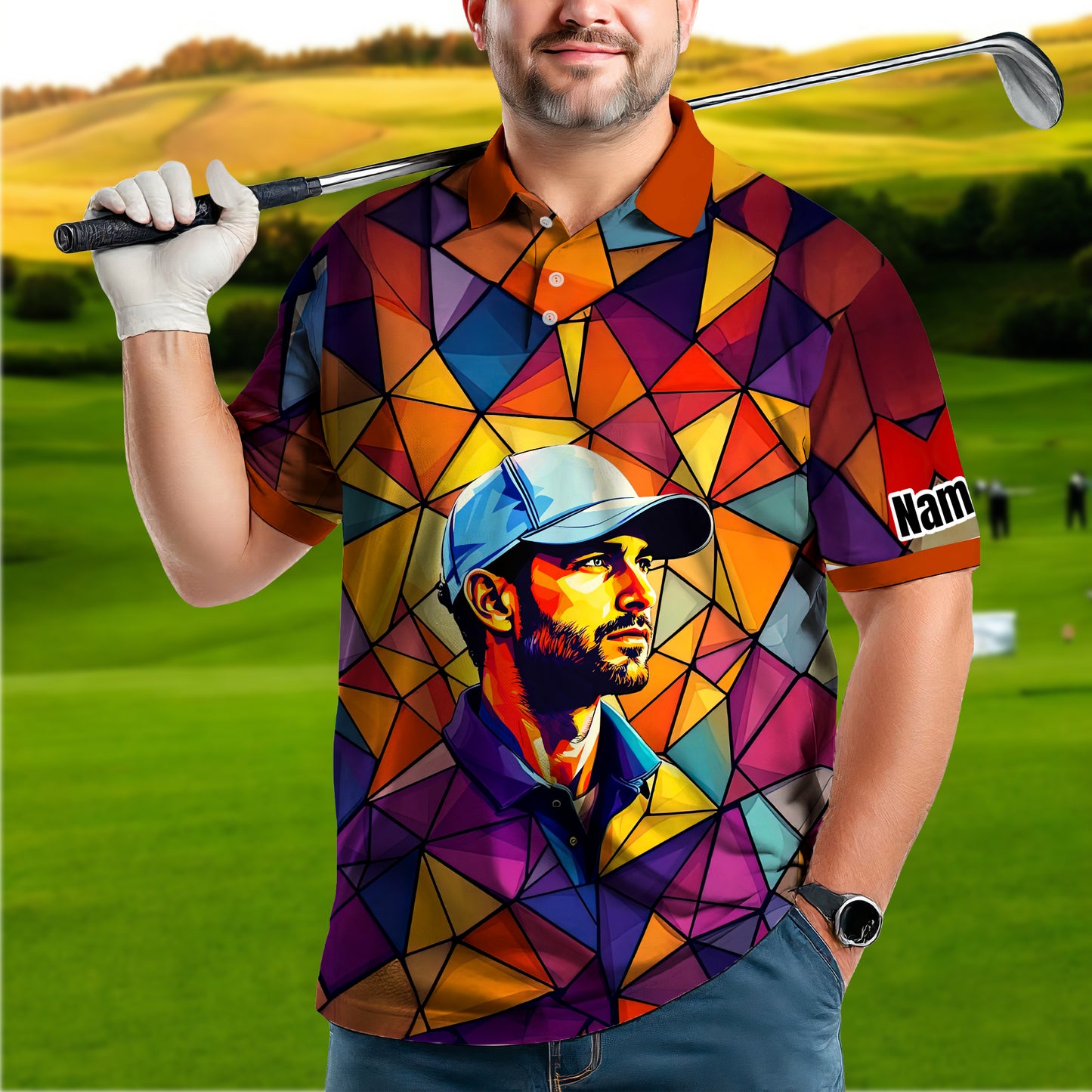 Angular Geometric Glass Pattern Custom Face Polo — Stained-Glass Mosaic Print, Personalized Sublimation Golf Shirt, Vibrant Geometric Portrait Tee