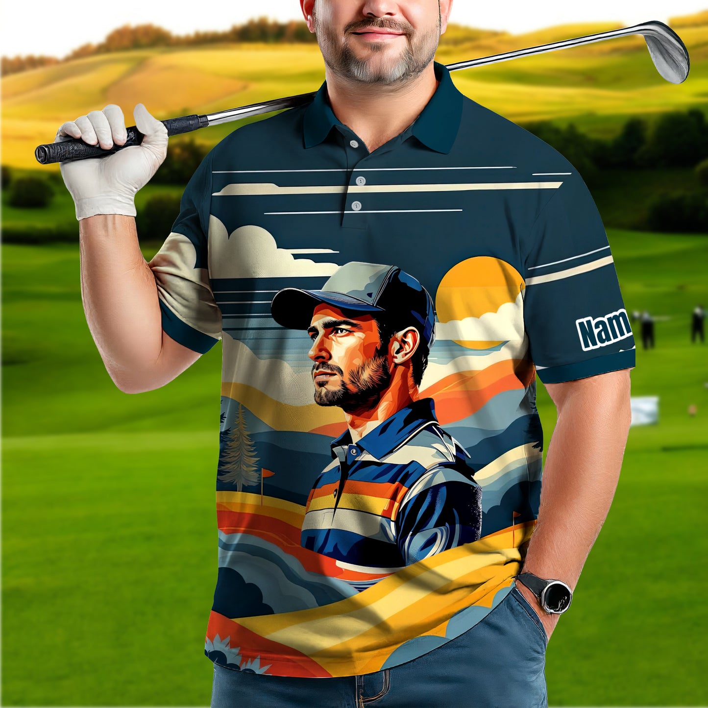Custom Vintage Americana Golf Polo with Your Face - Retro Personalized Gift for Men Style 5