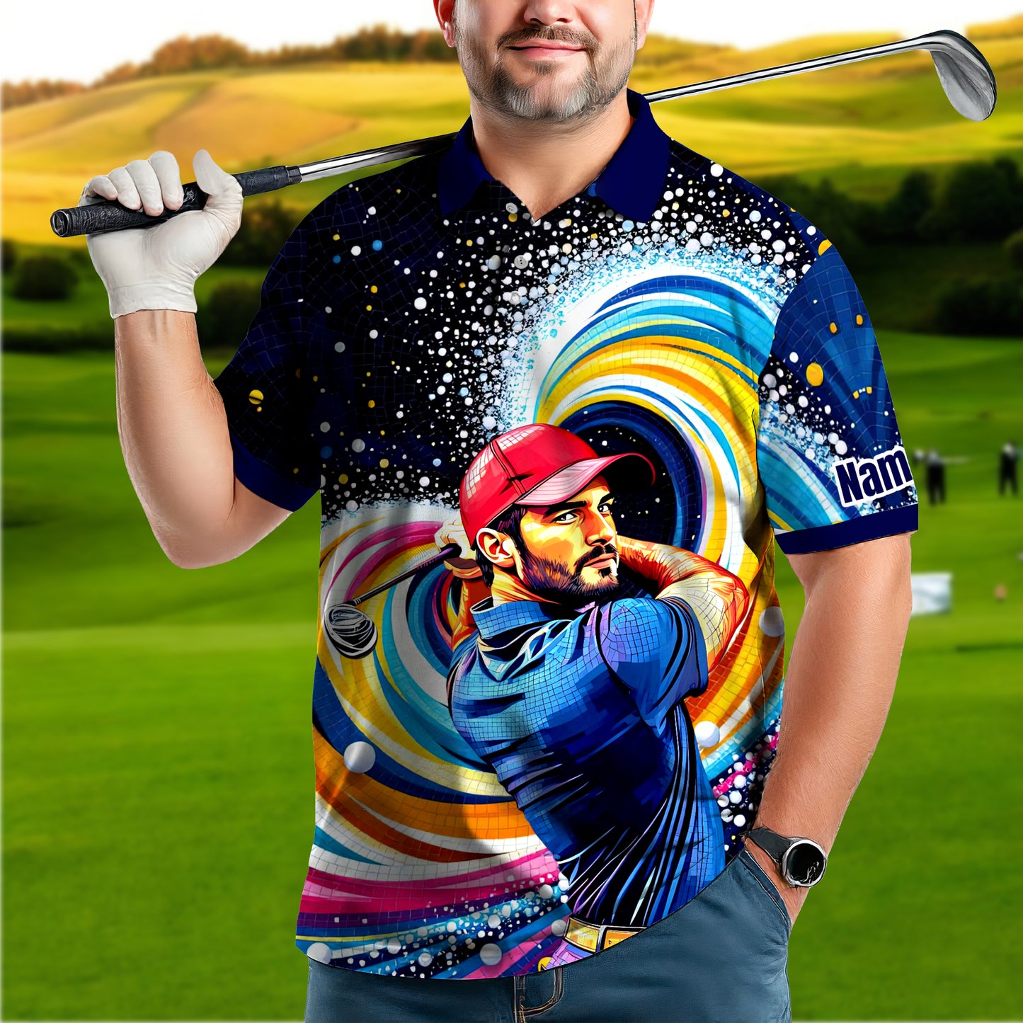HomyGifts Men's Customized Face Artistic Golf Polo Shirt, Mosaic Art Style, Unique Personalized Golf Polo For Men Style 19