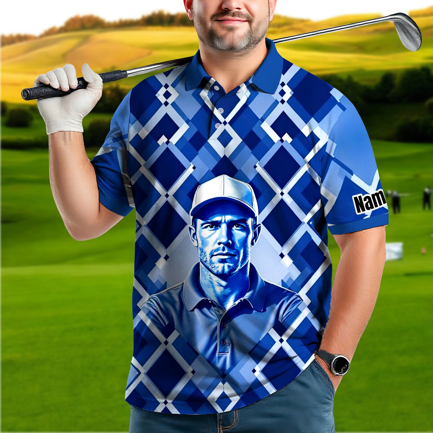 Custom Face Polo Shirt – Geometric Diamond Pattern | Personalized Photo Golf Polo | Unique Gift for Him, Retro Geometric Style Shirt Style 9