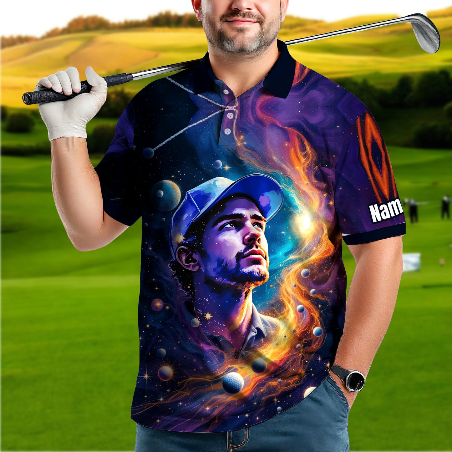 Custom Cosmic Portrait Polo Shirt – Personalized Surreal Galaxy Art with Your Face | Unique Gift for Golfers, Sports & Astrology Fans Style 2