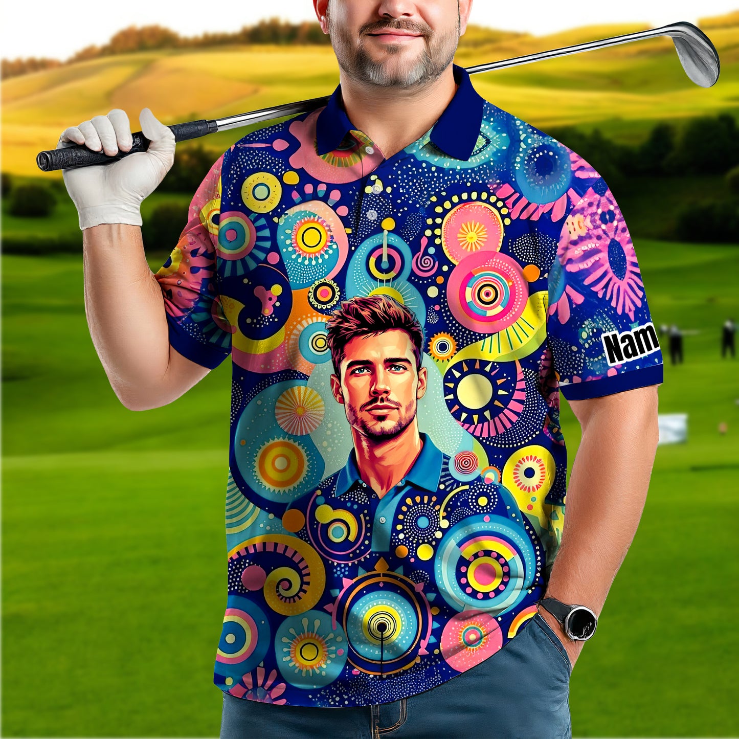 HomyGifts Custom Face Polo Shirt – Personalized Abstract Geometric Art Photo Shirt, Unique Gift for Him & Her