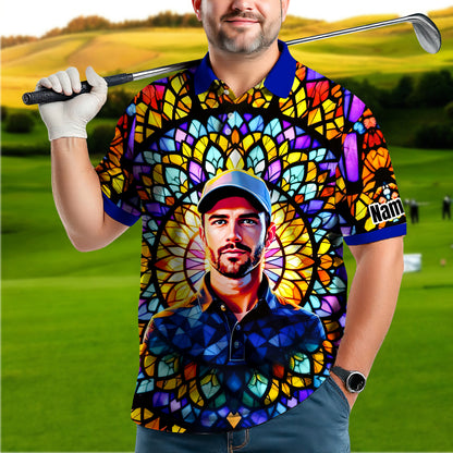 Custom Face Golf Polo Shirt – Personalized Stained Glass Mandala Style Polo, Unique Gift for Men & Women, Vibrant Artistic Golf Shirt, Custom Photo Polo