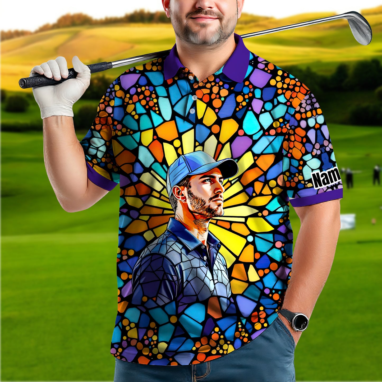 Custom Face Golf Polo Shirt – Personalized Stained Glass Art Shirt, Unique Golf Gift for Him, Colorful Abstract Golf Polo, Custom Sportswear