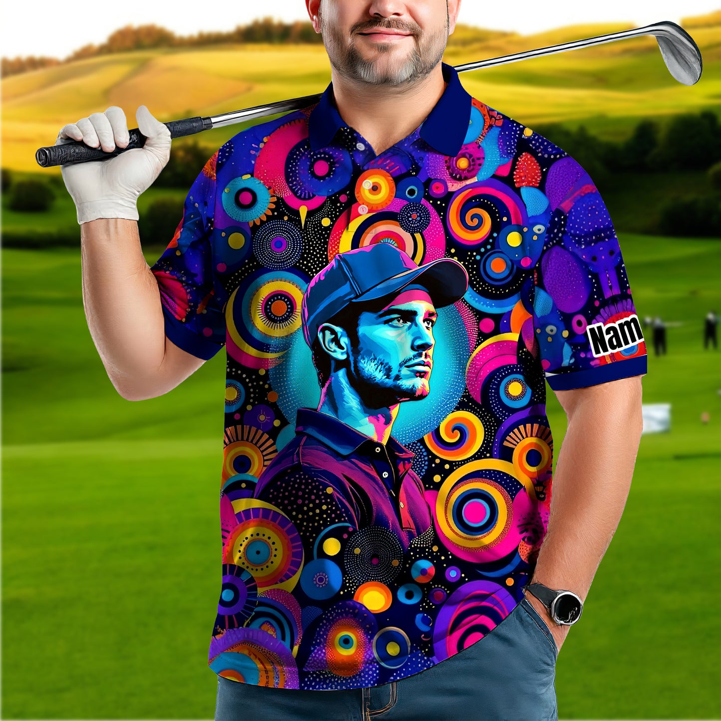 HomyGifts Custom Face Polo Shirt – Personalized Abstract Geometric Art Photo Shirt, Unique Gift for Him & Her