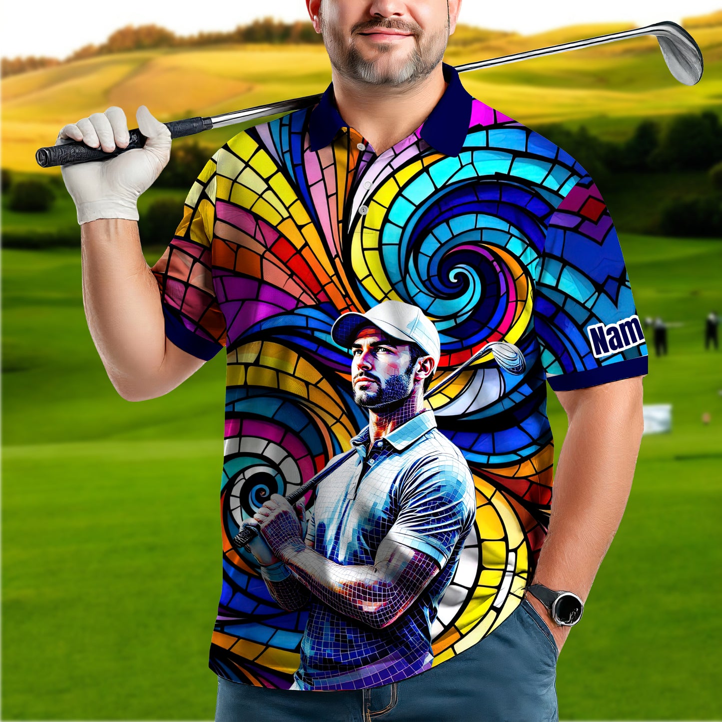 HomyGifts Men's Customized Face Artistic Golf Polo Shirt, Mosaic Art Style, Unique Personalized Golf Polo For Men Style 13