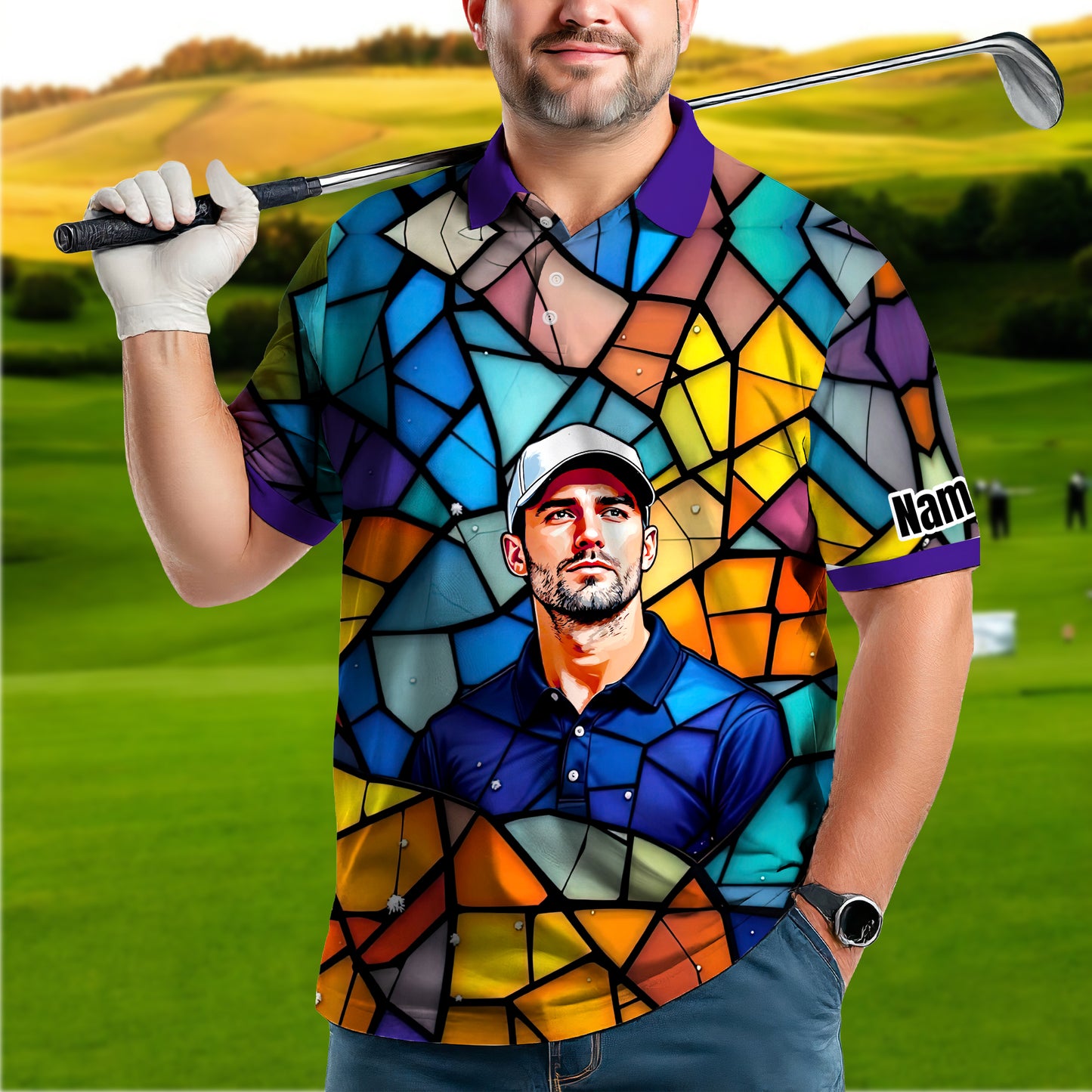 Custom Face Golf Polo Shirt – Personalized Stained Glass Art Shirt, Unique Golf Gift for Him, Colorful Abstract Golf Polo, Custom Sportswear