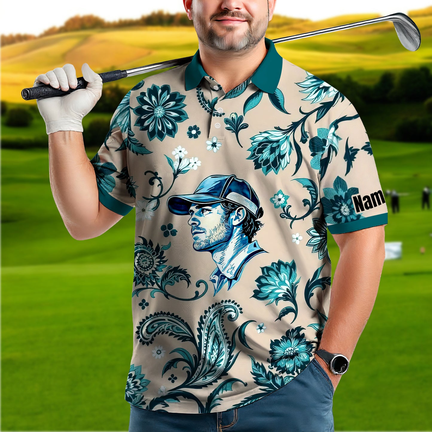 Custom Retro Pattern Art Polo Shirt – Personalized Face & Name | Vintage Floral Pattern Collared Shirt for Men Style 1