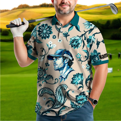 Custom Retro Pattern Art Polo Shirt – Personalized Face & Name | Vintage Floral Pattern Collared Shirt for Men Style 1