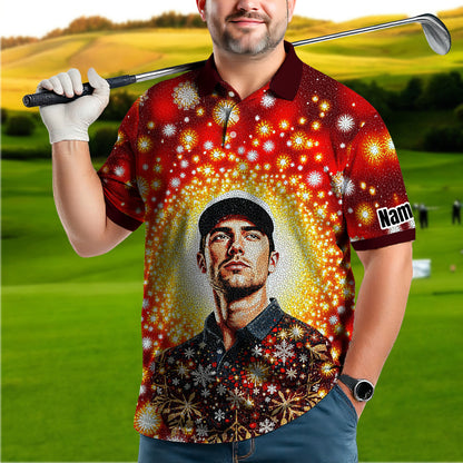Custom Face Golf Polo Shirt – Personalized Christmas Golf Shirt for Him, Unique Holiday Gift for Golfer, Snowflake Design Golf Apparel Style 15