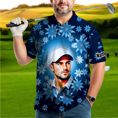 Custom Face Golf Polo Shirt – Personalized Christmas Golf Shirt for Him, Unique Holiday Gift for Golfer, Snowflake Design Golf Apparel Style 9