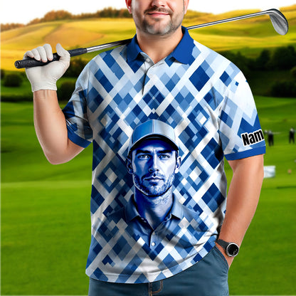 Custom Face Polo Shirt – Geometric Diamond Pattern | Personalized Photo Golf Polo | Unique Gift for Him, Retro Geometric Style Shirt Style 11