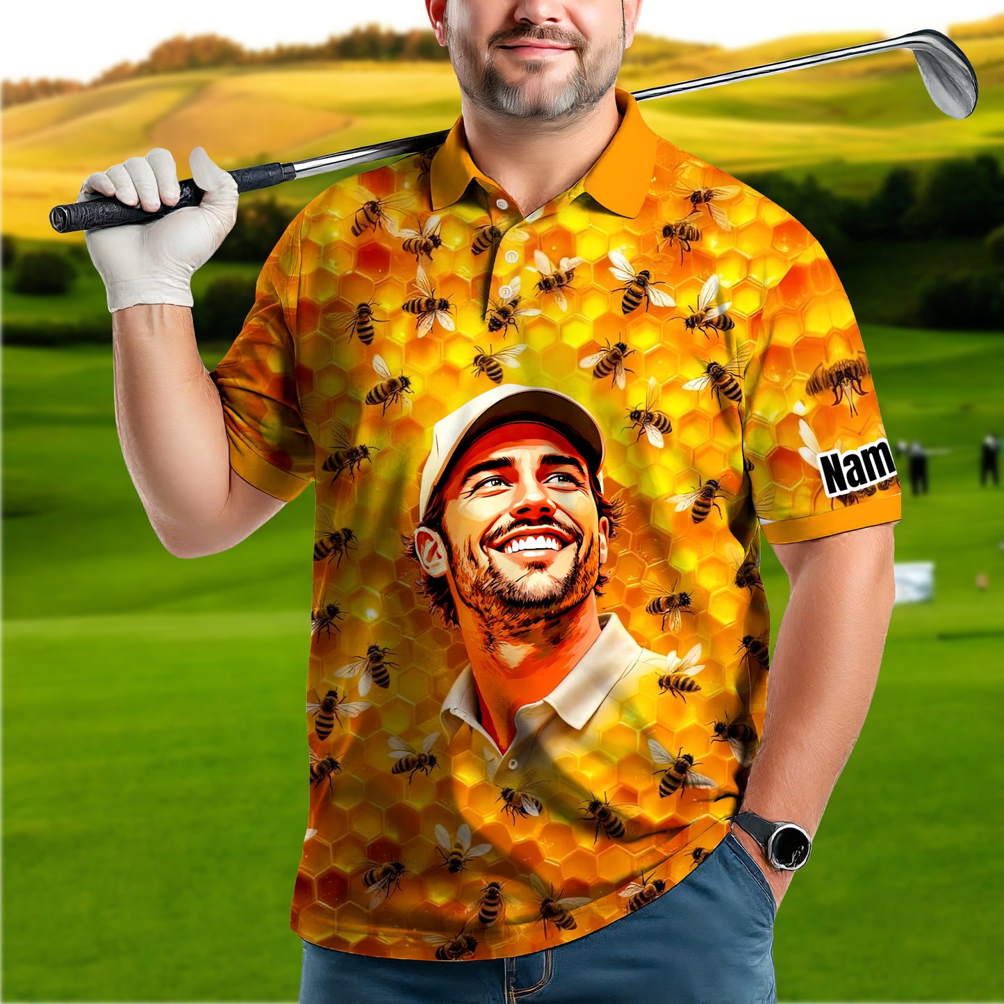 HomyGifts Men's Customized Face Artistic Golf Polo Shirt, Personalized Bee & Honeycomb Polo Shirt with Face, Funny Honey Lover Outfit, Summer Polo for Men Style 3