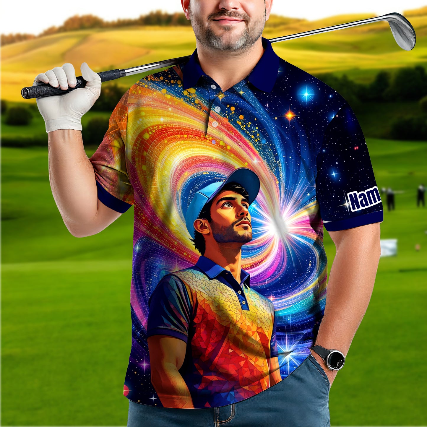HomyGifts Men's Customized Face Artistic Golf Polo Shirt, Mosaic Art Style, Unique Personalized Golf Polo For Men