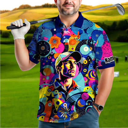 HomyGifts Custom Face Polo Shirt – Personalized Abstract Geometric Art Photo Shirt, Unique Gift for Him & Her