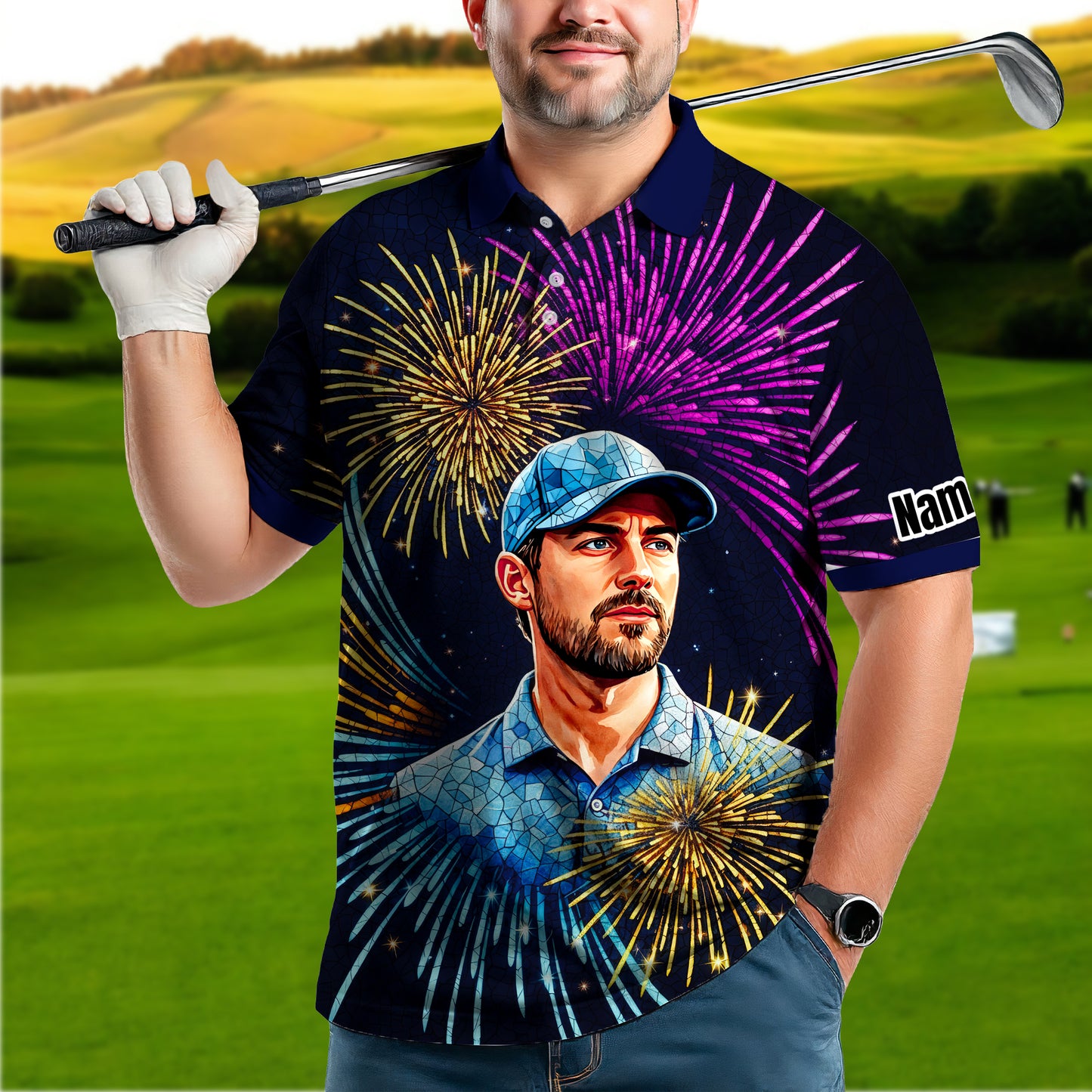 Custom Face Golf Polo Shirt – New Year Fireworks Edition | Personalized Golf Polo | Unique Holiday Gift for Him 2025 Style 3
