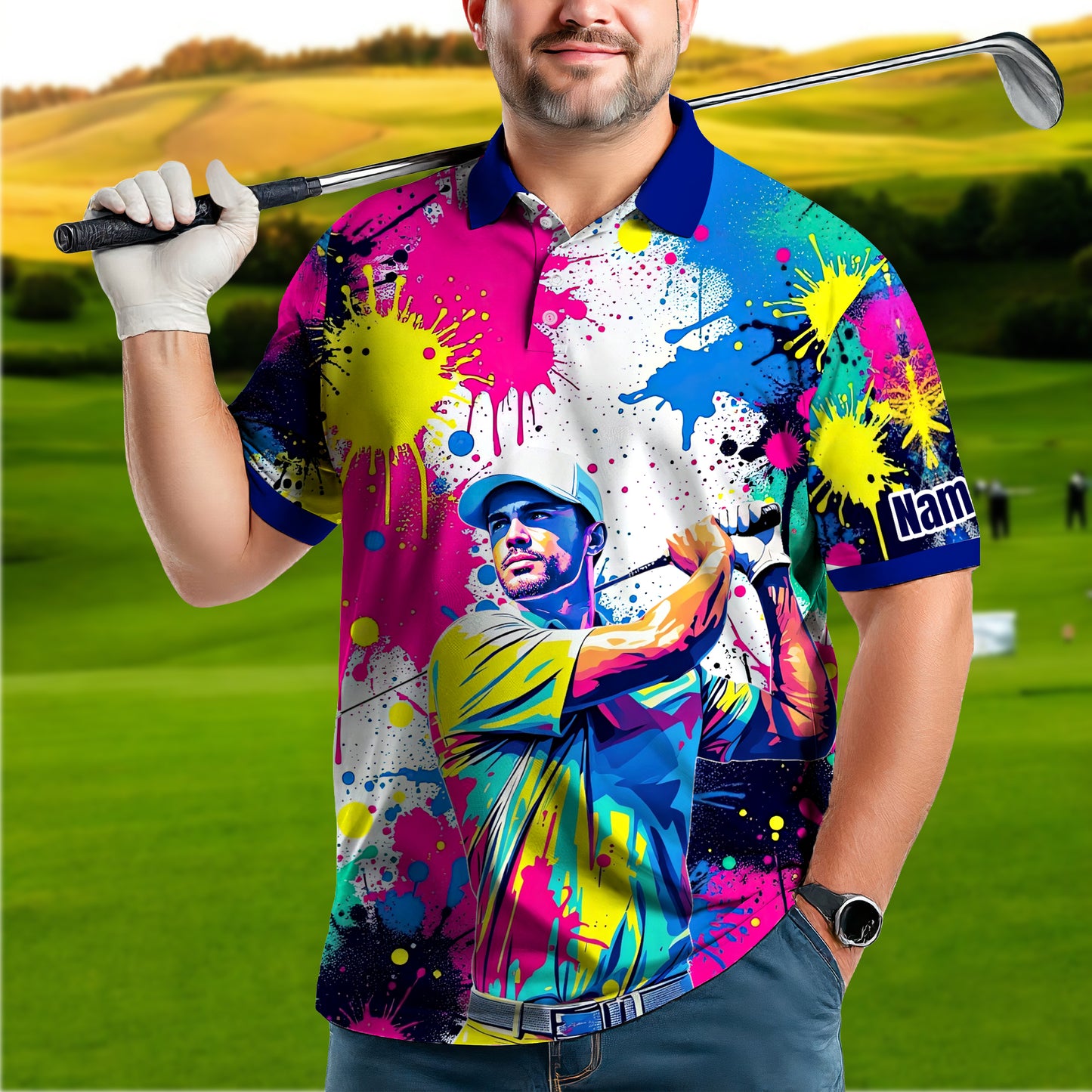 HomyGifts Men's Customized Face Artistic Golf Polo Shirt, Personalized Pop Art Golf Polo, Portrait Gift for Golfers Style 16
