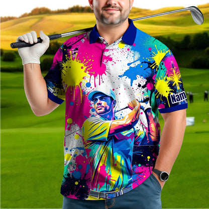 HomyGifts Men's Customized Face Artistic Golf Polo Shirt, Personalized Pop Art Golf Polo, Portrait Gift for Golfers Style 16