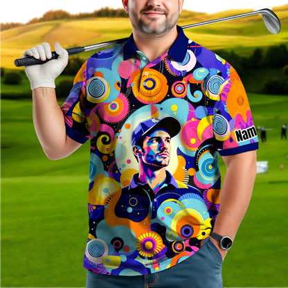 HomyGifts Custom Face Polo Shirt – Personalized Abstract Geometric Art Photo Shirt, Unique Gift for Him & Her