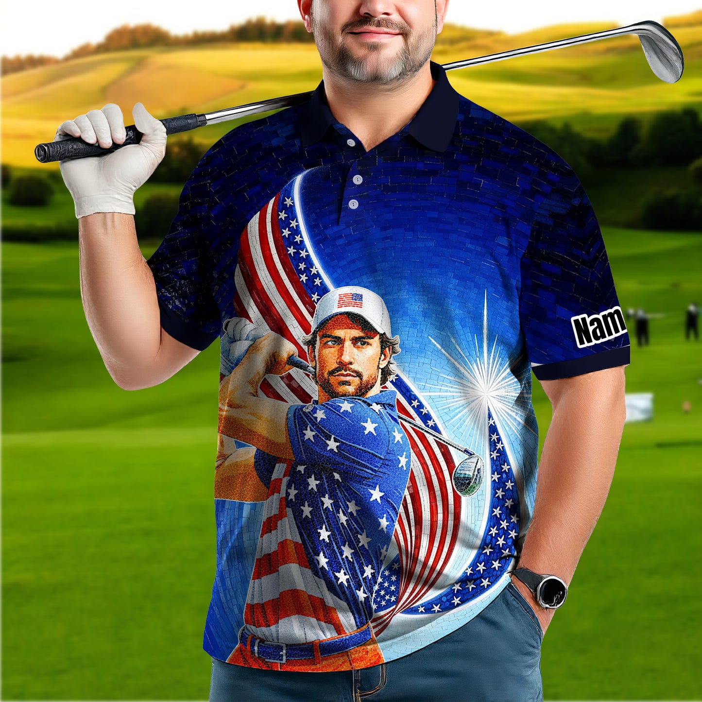 Custom Face Patriotic Golf Polo Shirt – Personalized USA Flag Design – American Pride Gift for Him – Mosaic Art Golf Shirt Style 6
