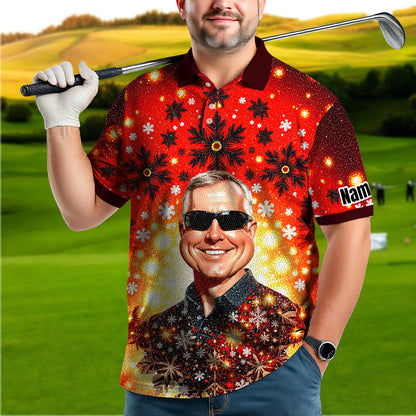 Custom Face Golf Polo Shirt – Personalized Christmas Golf Shirt for Him, Unique Holiday Gift for Golfer, Snowflake Mosaic Art Design Golf Apparel Style 13.2