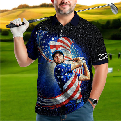 Custom Face Patriotic Golf Polo Shirt – Personalized USA Flag Design – American Pride Gift for Him – Mosaic Art Golf Shirt Style 12