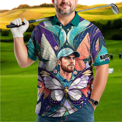 Custom Face Butterfly Golf Polo Shirt – Personalized Spring Mirage Art Style – Unique Gift for Him, Nature Inspired Men's Shirt Style 6