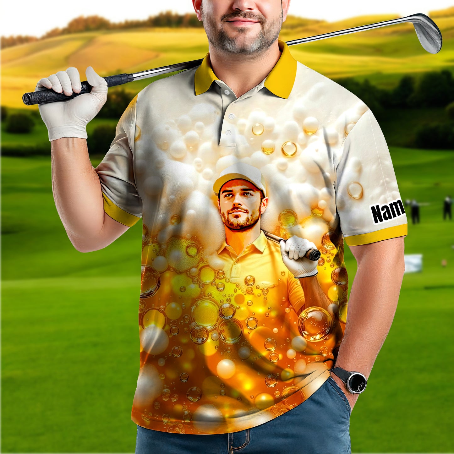 HomyGifts Men's Customized Face Artistic Golf Polo Shirt, Beer pattern Design, Special Gift for Beer & Golf Lovers, Summer Party Outfit, Unique Gift for Men Style 8