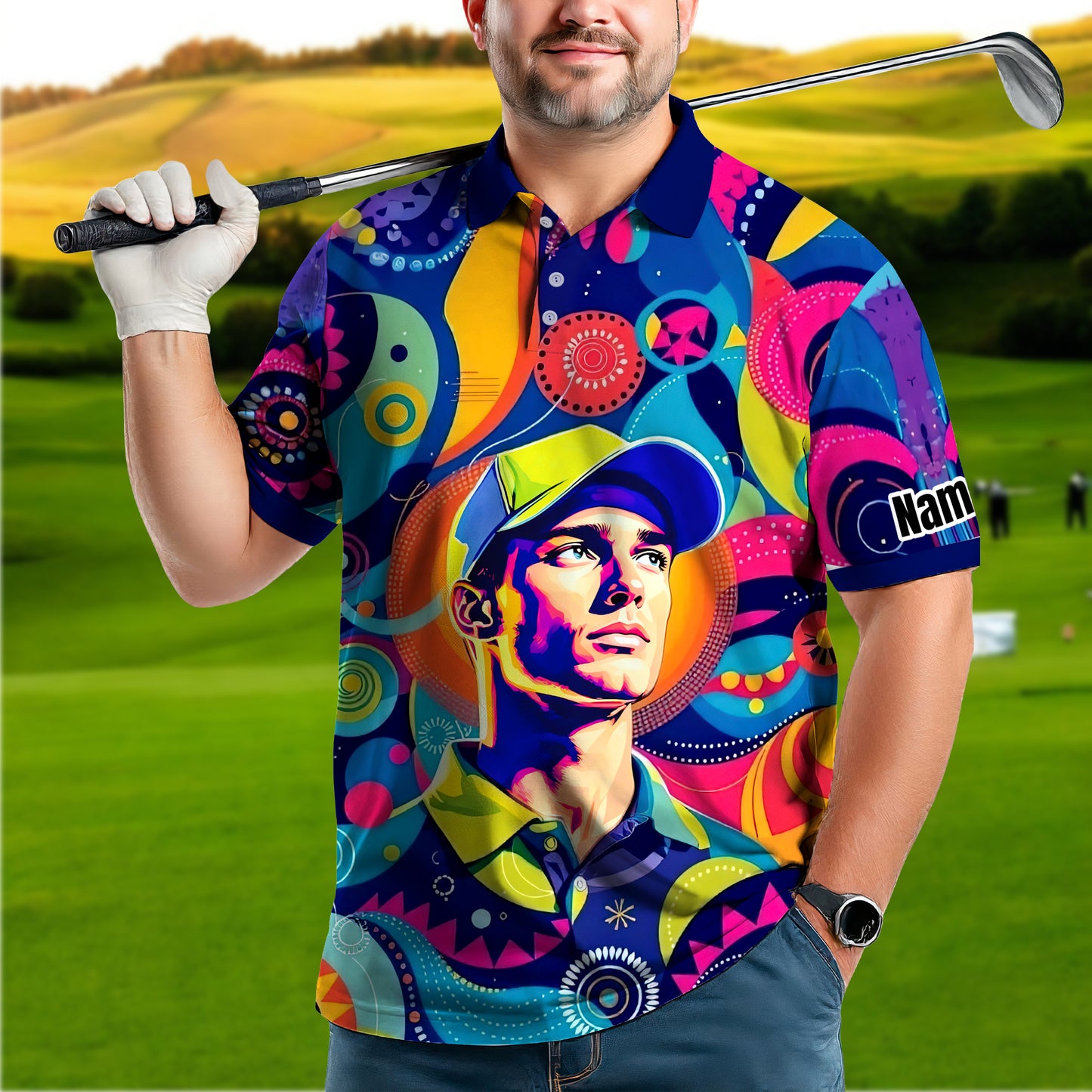 HomyGifts Custom Face Polo Shirt – Personalized Abstract Geometric Art Photo Shirt, Unique Gift for Him & Her