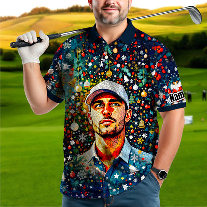 Personalized Christmas Golf Polo Shirt with Your Face – Custom Photo Holiday Shirt – Unique Mosaic Art Xmas Gift for Men, Custom Golf Apparel Style 5