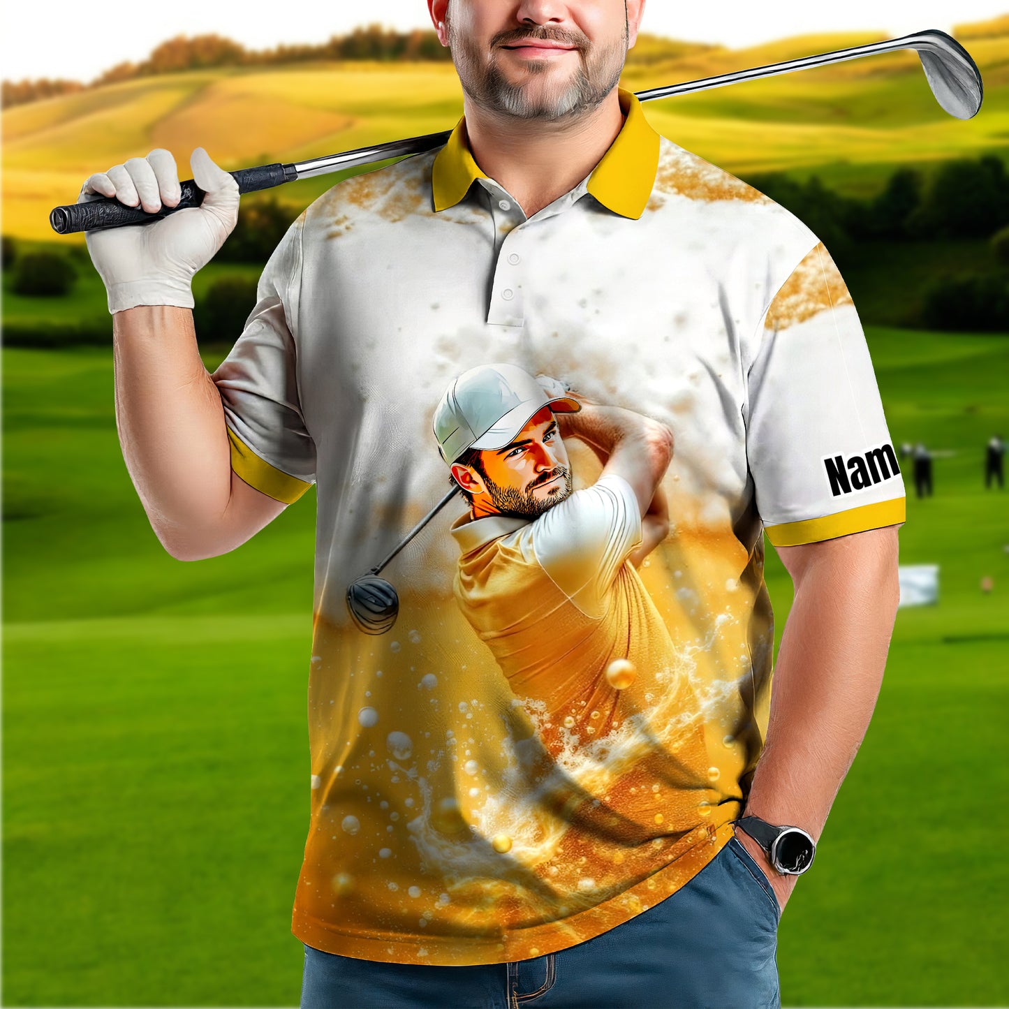 HomyGifts Men's Customized Face Artistic Golf Polo Shirt, Beer pattern Design, Special Gift for Beer & Golf Lovers, Summer Party Outfit, Unique Gift for Men Style 13