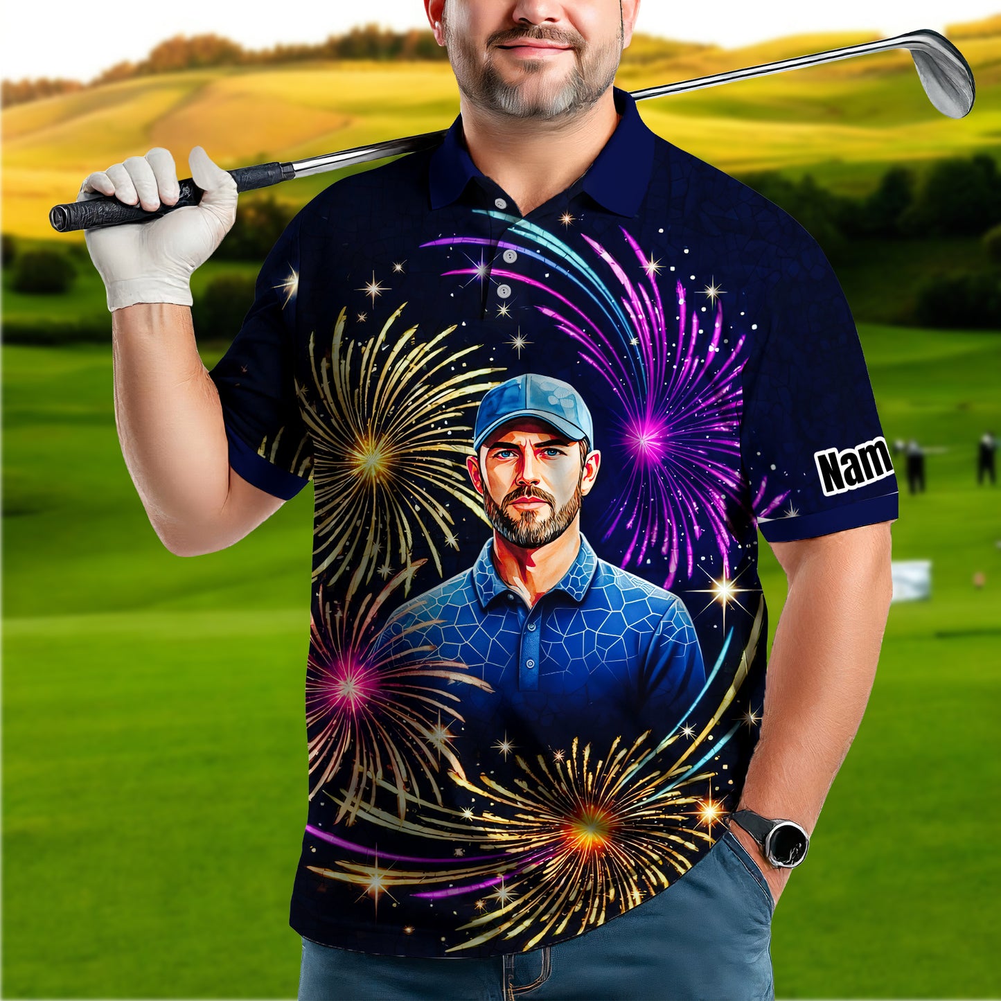 Custom Face Golf Polo Shirt – New Year Fireworks Edition | Personalized Golf Polo | Unique Holiday Gift for Him 2025 Style 2