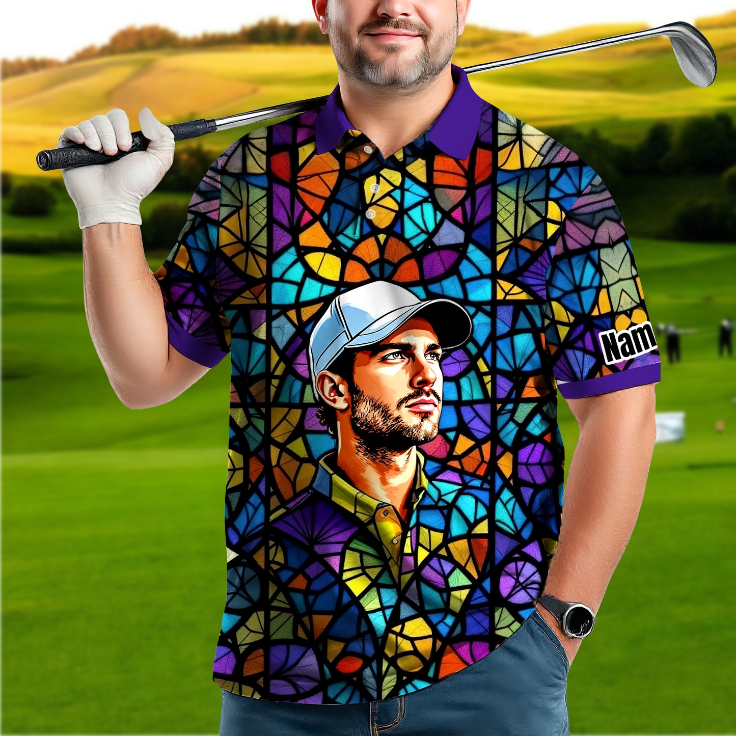 Custom Face Golf Polo Shirt – Personalized Stained Glass Art Shirt, Unique Golf Gift for Him, Colorful Abstract Golf Polo, Custom Sportswear