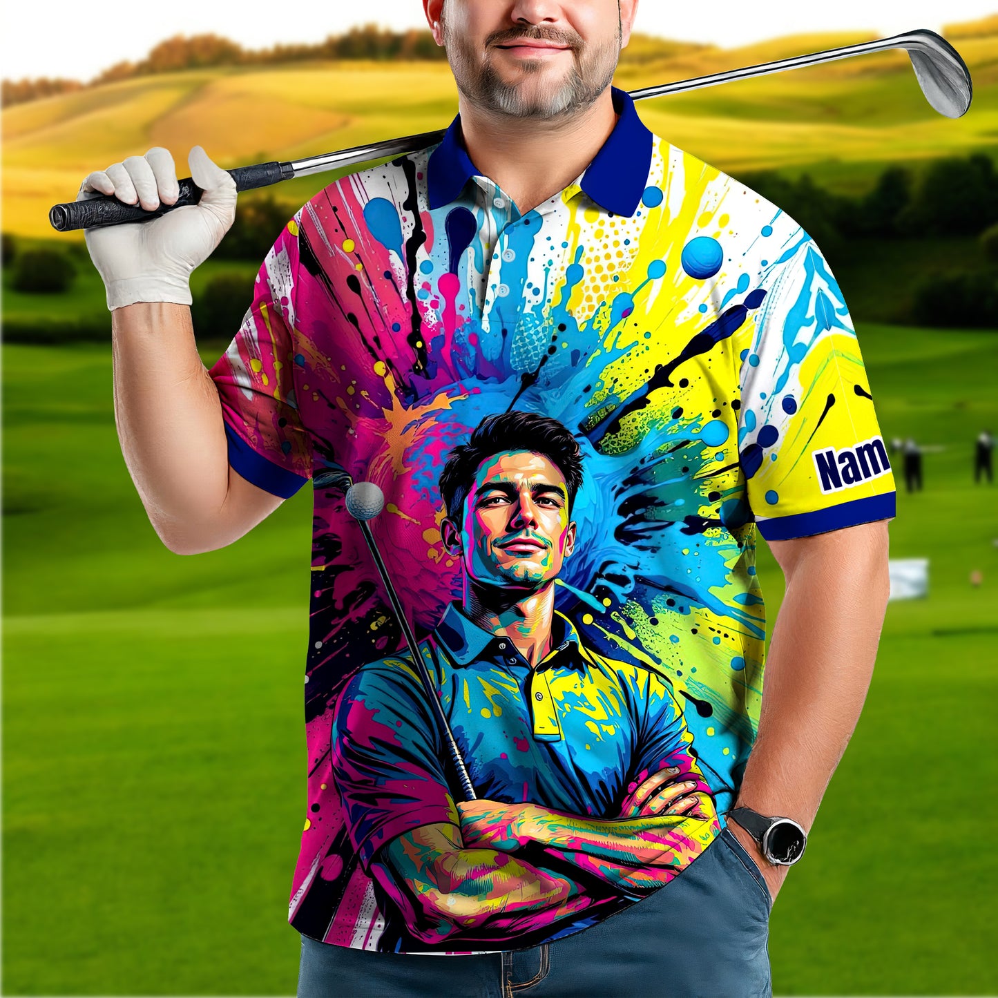 HomyGifts Men's Customized Face Artistic Golf Polo Shirt, Personalized Pop Art Golf Polo, Portrait Gift for Golfers Style 6