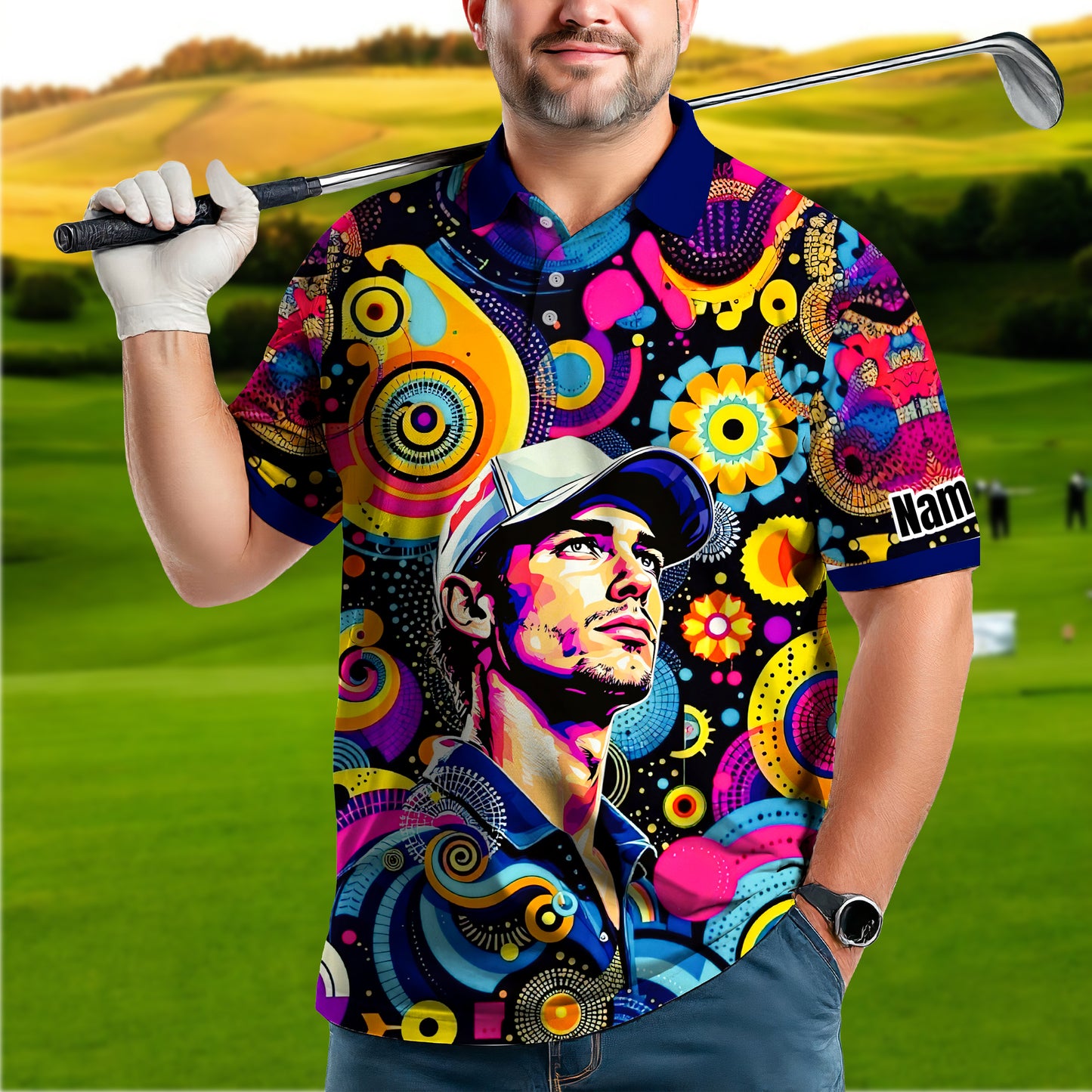 HomyGifts Custom Face Polo Shirt – Personalized Abstract Geometric Art Photo Shirt, Unique Gift for Him & Her