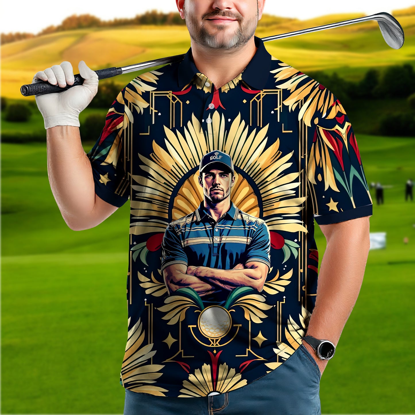 Custom Face Golf Polo Shirt – Swing in Gold Art Deco Revival Style | Personalized Golf Shirt for Men Style 3
