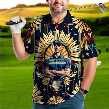 Custom Face Golf Polo Shirt – Swing in Gold Art Deco Revival Style | Personalized Golf Shirt for Men Style 3