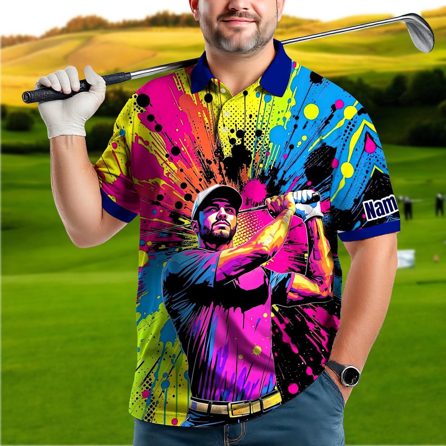 HomyGifts Men's Customized Face Artistic Golf Polo Shirt, Personalized Pop Art Golf Polo, Portrait Gift for Golfers Style 20