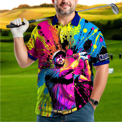 HomyGifts Men's Customized Face Artistic Golf Polo Shirt, Personalized Pop Art Golf Polo, Portrait Gift for Golfers Style 20