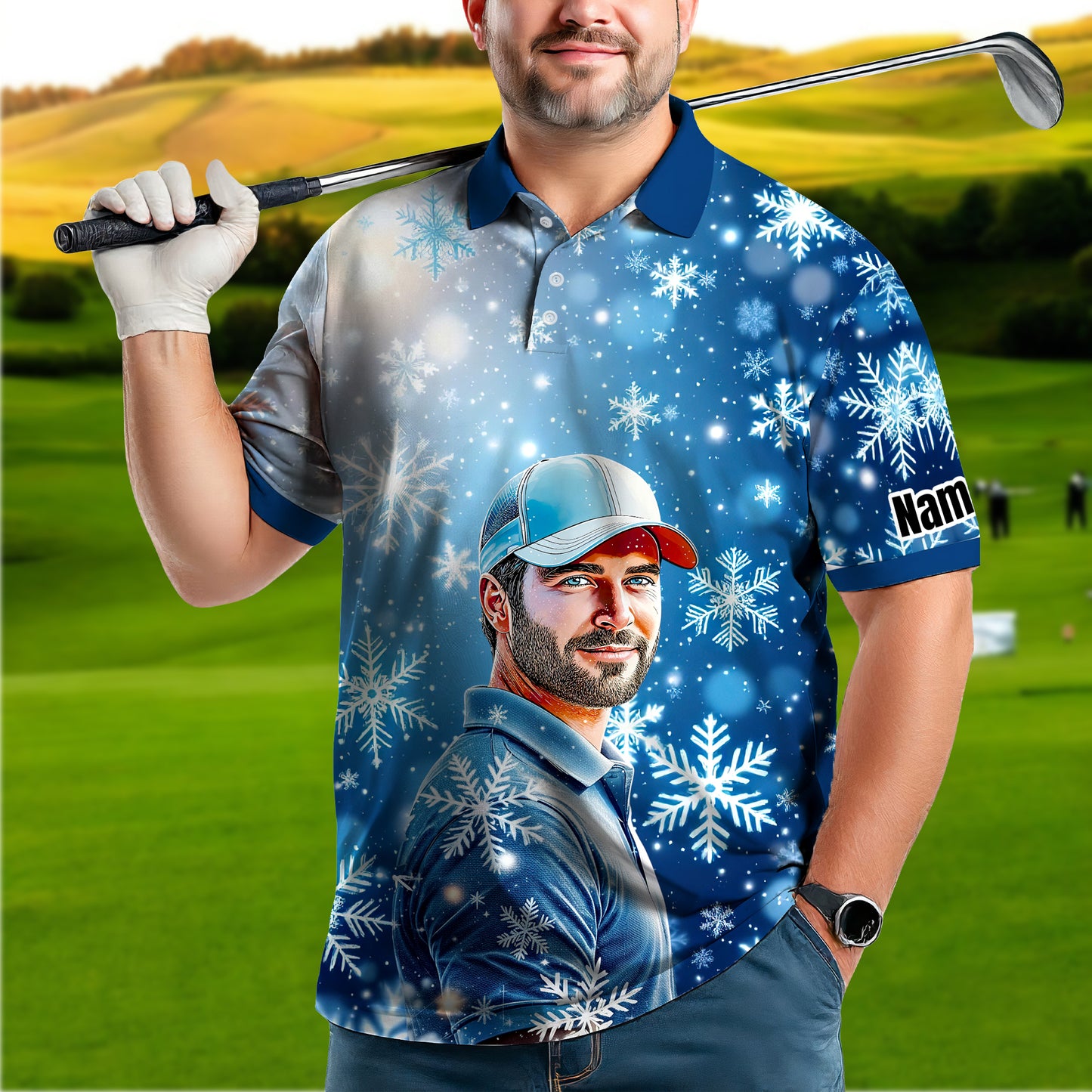 Custom Face Golf Polo Shirt – Personalized Christmas Golf Shirt for Him, Unique Holiday Gift for Golfer, Snowflake Design Golf Apparel Style 3