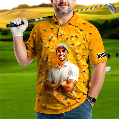 HomyGifts Men's Customized Face Artistic Golf Polo Shirt, Personalized Bee & Honeycomb Polo Shirt with Face, Funny Honey Lover Outfit, Summer Polo for Men Style 1